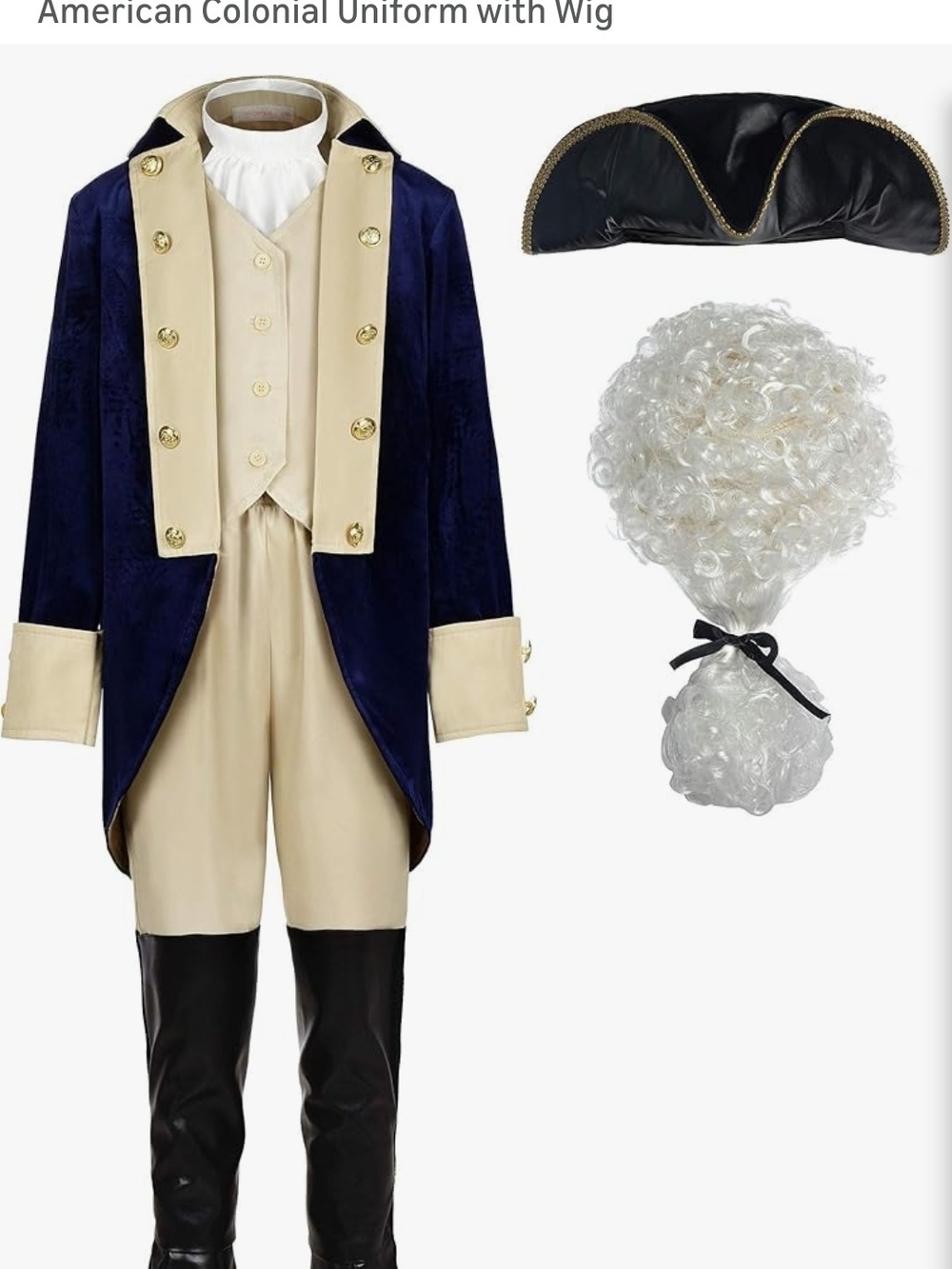 Classic Colonial Boys' Costume in Navy and Cream with White Wig